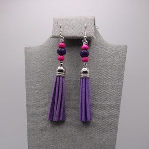 Purple Pink and Sliver Beaded Tassel Earrings